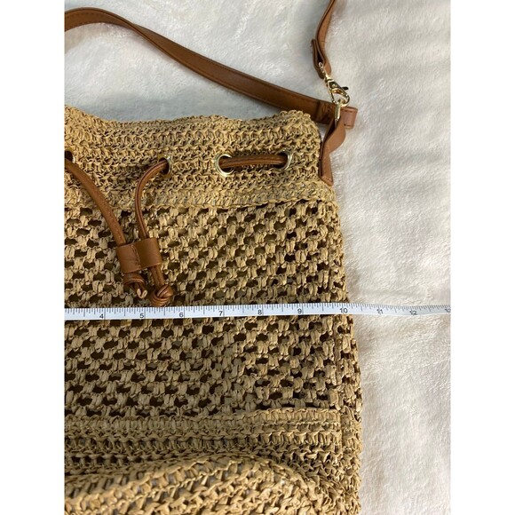 Boho Crochet Straw Bucket Bag Woven Raffia Drawstring Crossbody Shoulder Purse - Picture 6 of 10